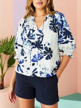 Marie Oliver White Blue CottonShort Sleeve Floral Tie-Neck Lune Blouse Large